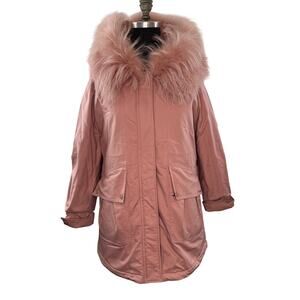 Eifini Pink Parka Jacket Fur Hooded Dolman Sleeve Curved Hem Snap Zip 155 XS